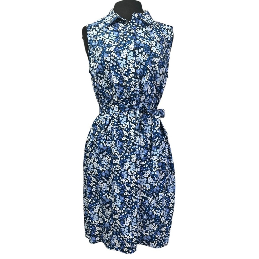 Tommy Hilfiger Floral Shirt Dress Womens 12 Blue Sleeveless Cotton Belted Preppy